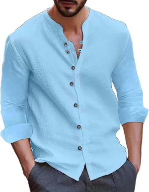 Long Sleeve Cotton Linen Shirt for Men Lightweight Breathable Casual Travel Tops Muscle Fit Combat Fashion Button Down Shirts