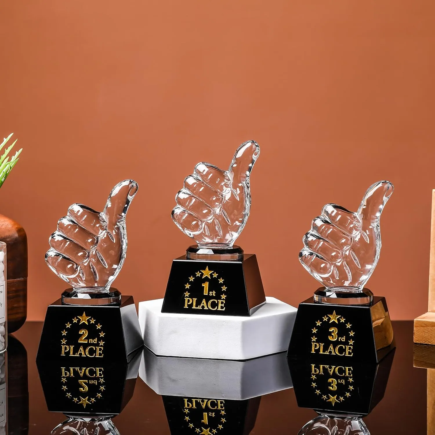 LONGWIN 1st 2nd 3rd Place Trophy Set with Glass Thumbs Up for Winner, Adults, Trophy Award for Sports Tournaments Talent Show Competitions