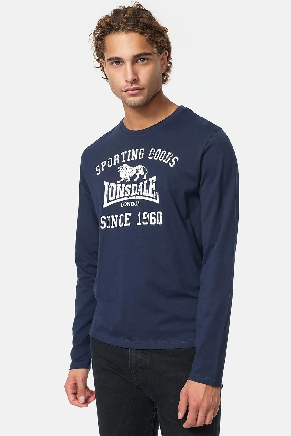 Lonsdale Classic Men's Navy Blue Long Sleeve T-Shirt with Lion Logo Crew-Neck Regular-Fit
