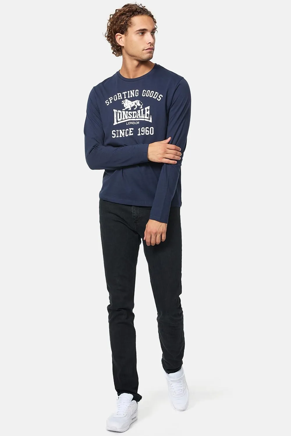 Lonsdale Classic Men's Navy Blue Long Sleeve T-Shirt with Lion Logo Crew-Neck Regular-Fit