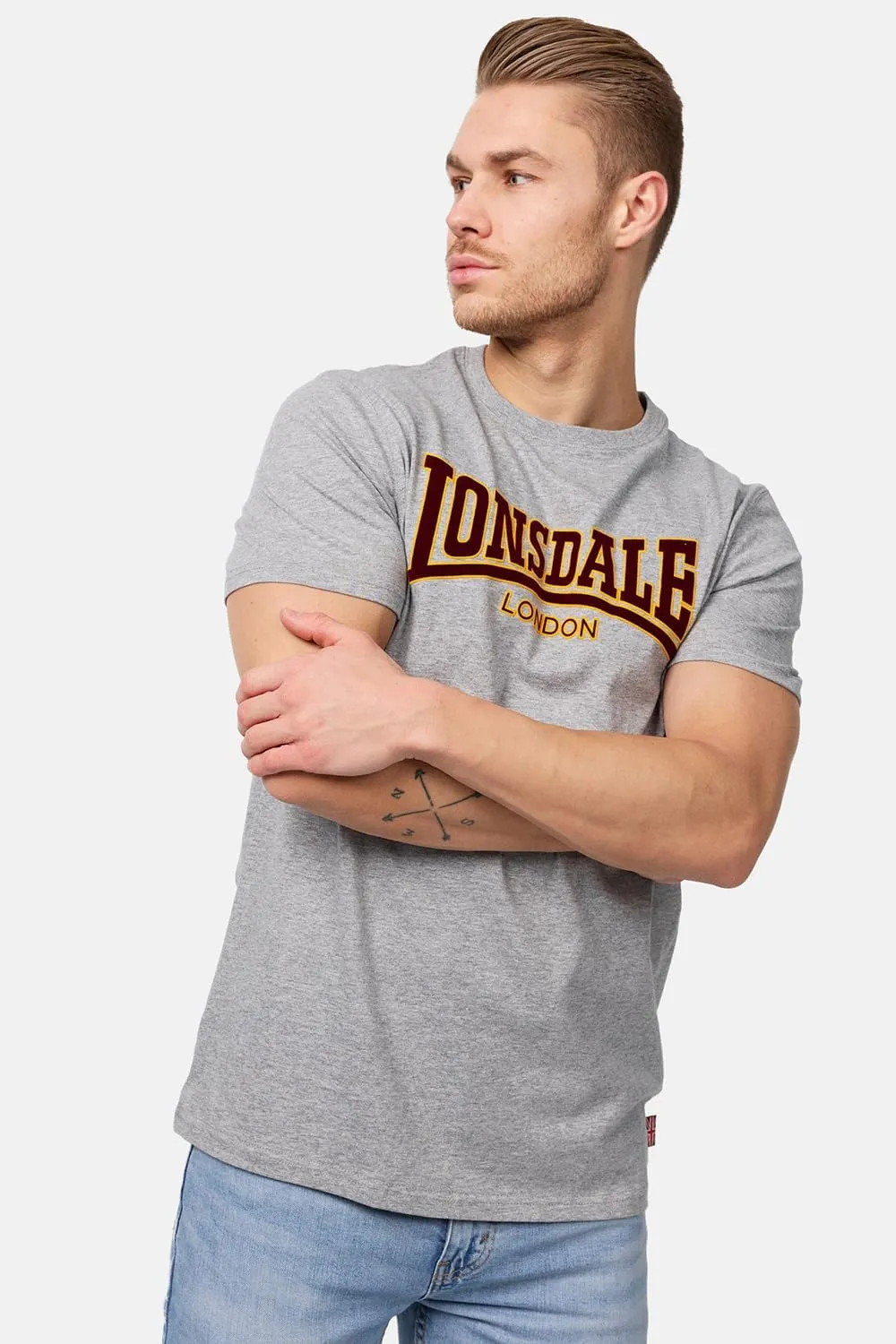 Lonsdale Men's Classic Flock Print Premium Logo T-Shirt 100% Cotton Slim-Fit