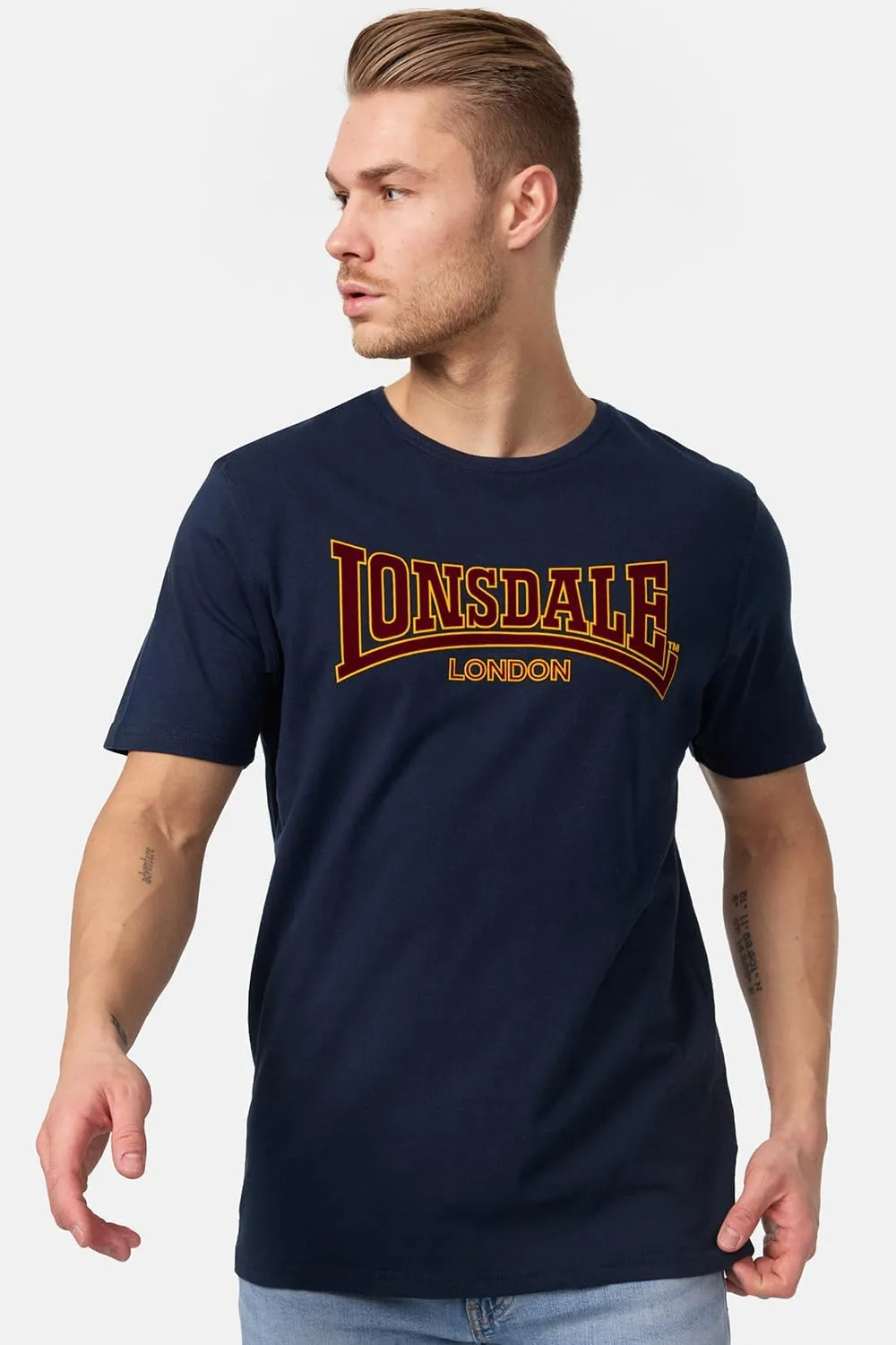 Lonsdale Men's Classic Flock Print Premium Logo T-Shirt 100% Cotton Slim-Fit