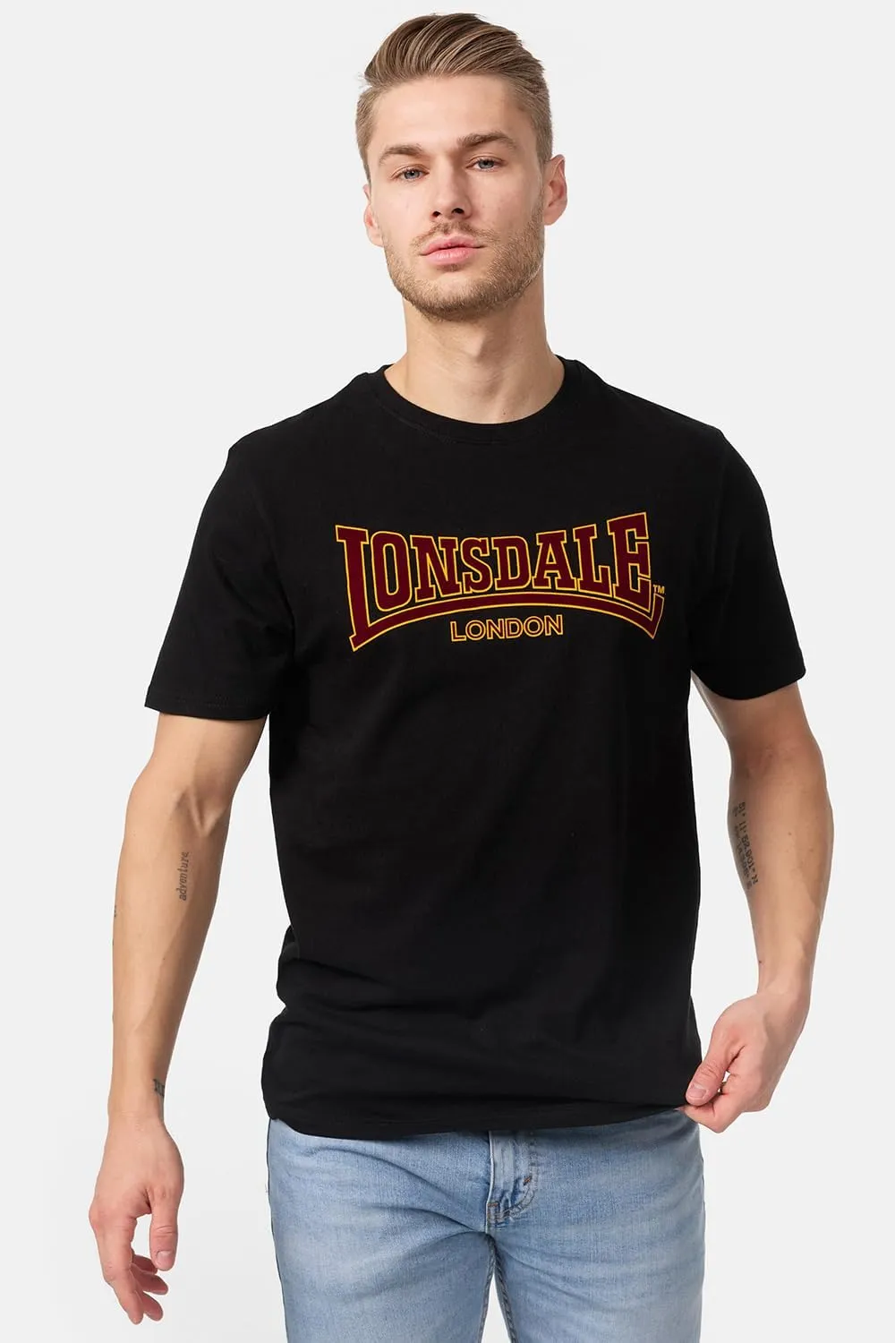 Lonsdale Men's Classic Flock Print Premium Logo T-Shirt 100% Cotton Slim-Fit