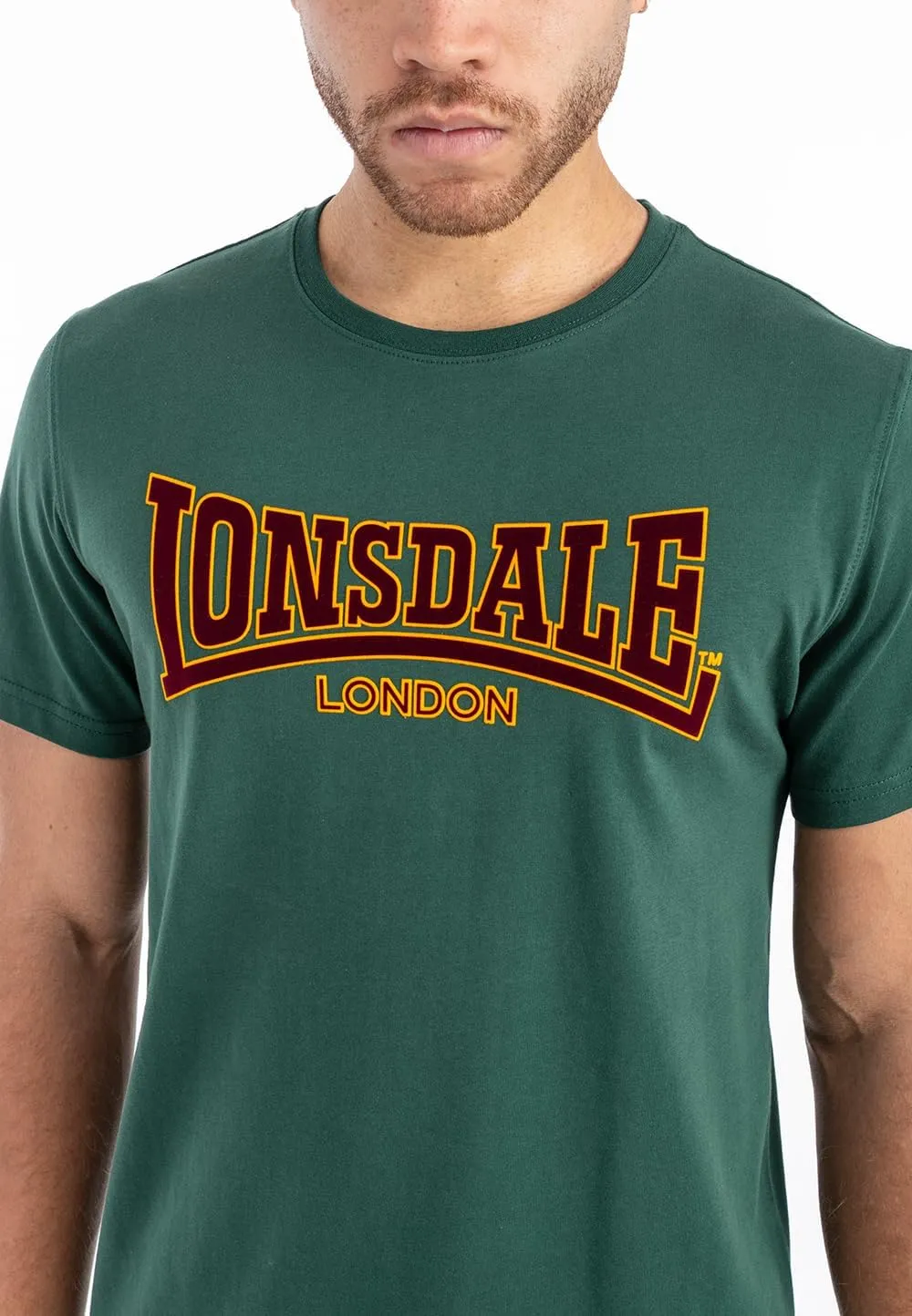 Lonsdale Men's Classic Flock Print Premium Logo T-Shirt 100% Cotton Slim-Fit