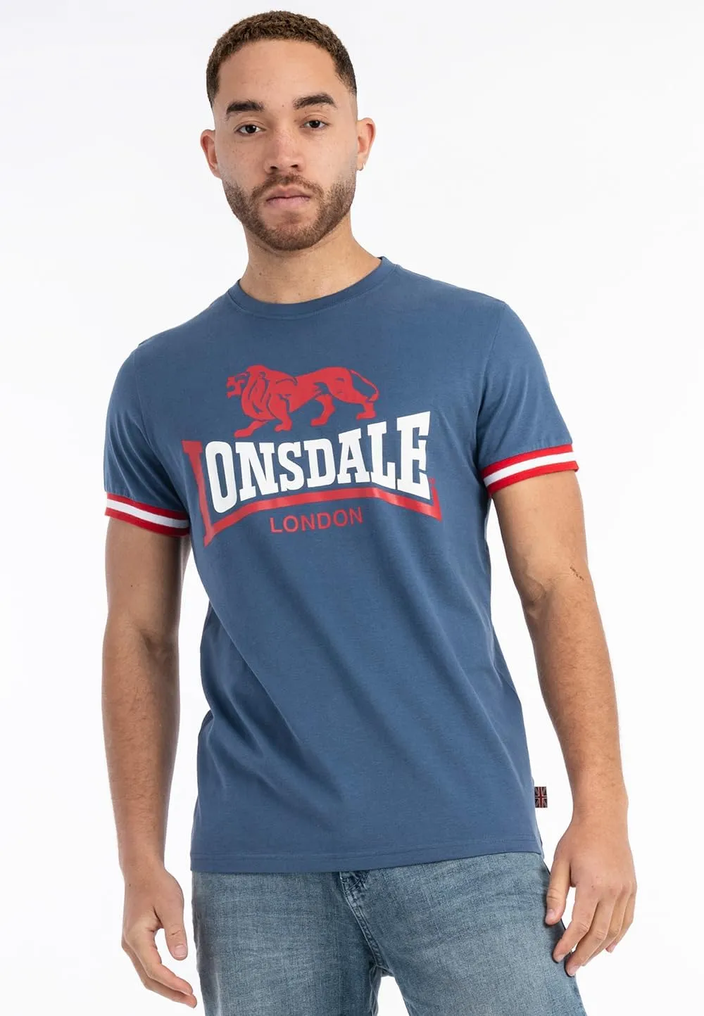 Lonsdale Mens Premium Blue T-Shirt with Lion Logo and Stripes on Cuffs Regular-Fit