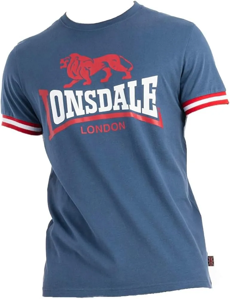 Lonsdale Mens Premium Blue T-Shirt with Lion Logo and Stripes on Cuffs Regular-Fit
