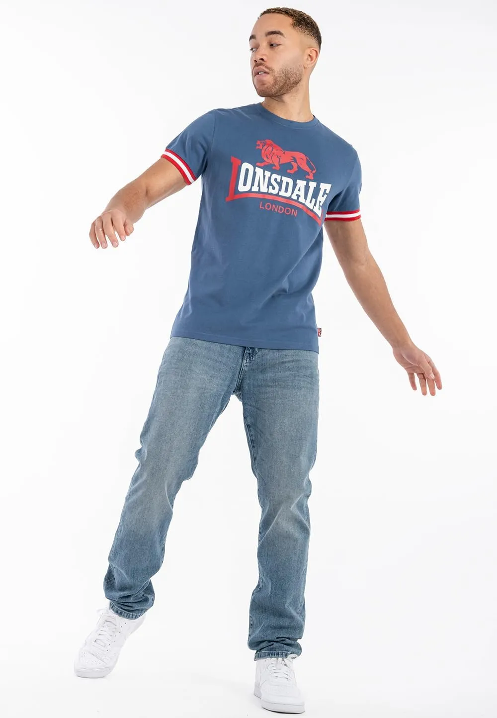 Lonsdale Mens Premium Blue T-Shirt with Lion Logo and Stripes on Cuffs Regular-Fit