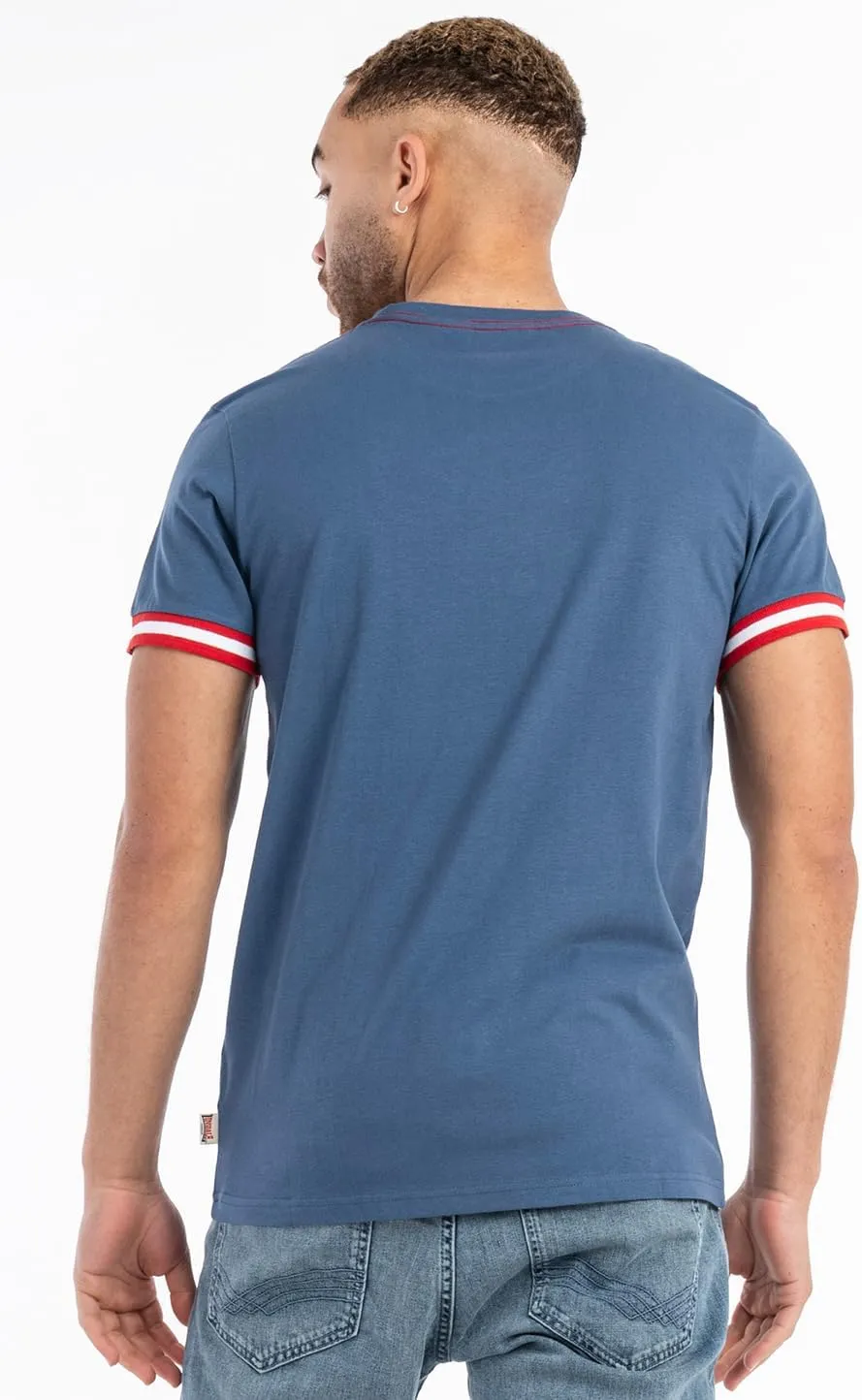 Lonsdale Mens Premium Blue T-Shirt with Lion Logo and Stripes on Cuffs Regular-Fit