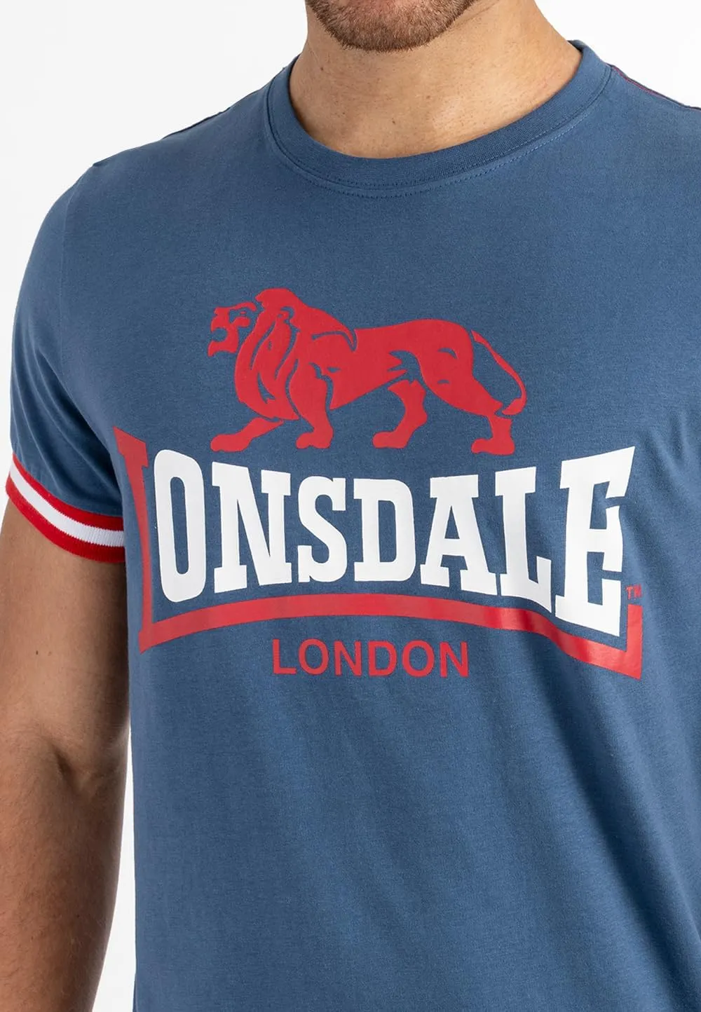 Lonsdale Mens Premium Blue T-Shirt with Lion Logo and Stripes on Cuffs Regular-Fit