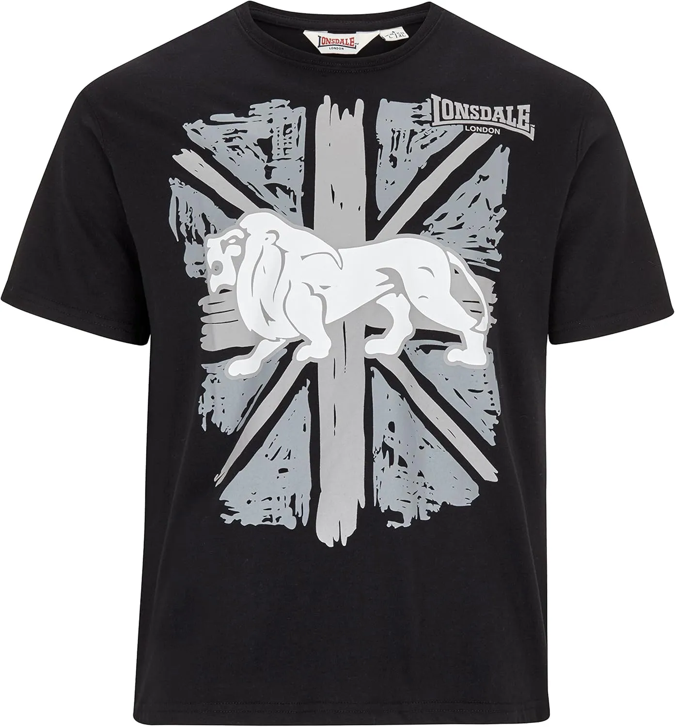 Lonsdale Men´s T-Shirt Black Classic Lion Logo on Graphic Union-Jack Size Small (Regular Fit)
