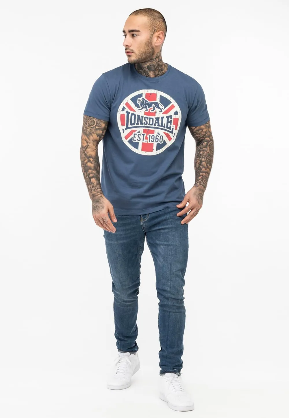 Lonsdale Men's T-Shirt Classic Vintage Logo Lion Blue White Red 100% Cotton Regular-Fit