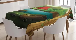 Lunarable Camping Tablecloth, Idyllic Nature Scene of a Deep Forest with Lake and Mountains Cartoon Woodland, Rectangular Table Cover for Dining Room Kitchen Decor, 60" X 90", Multicolor