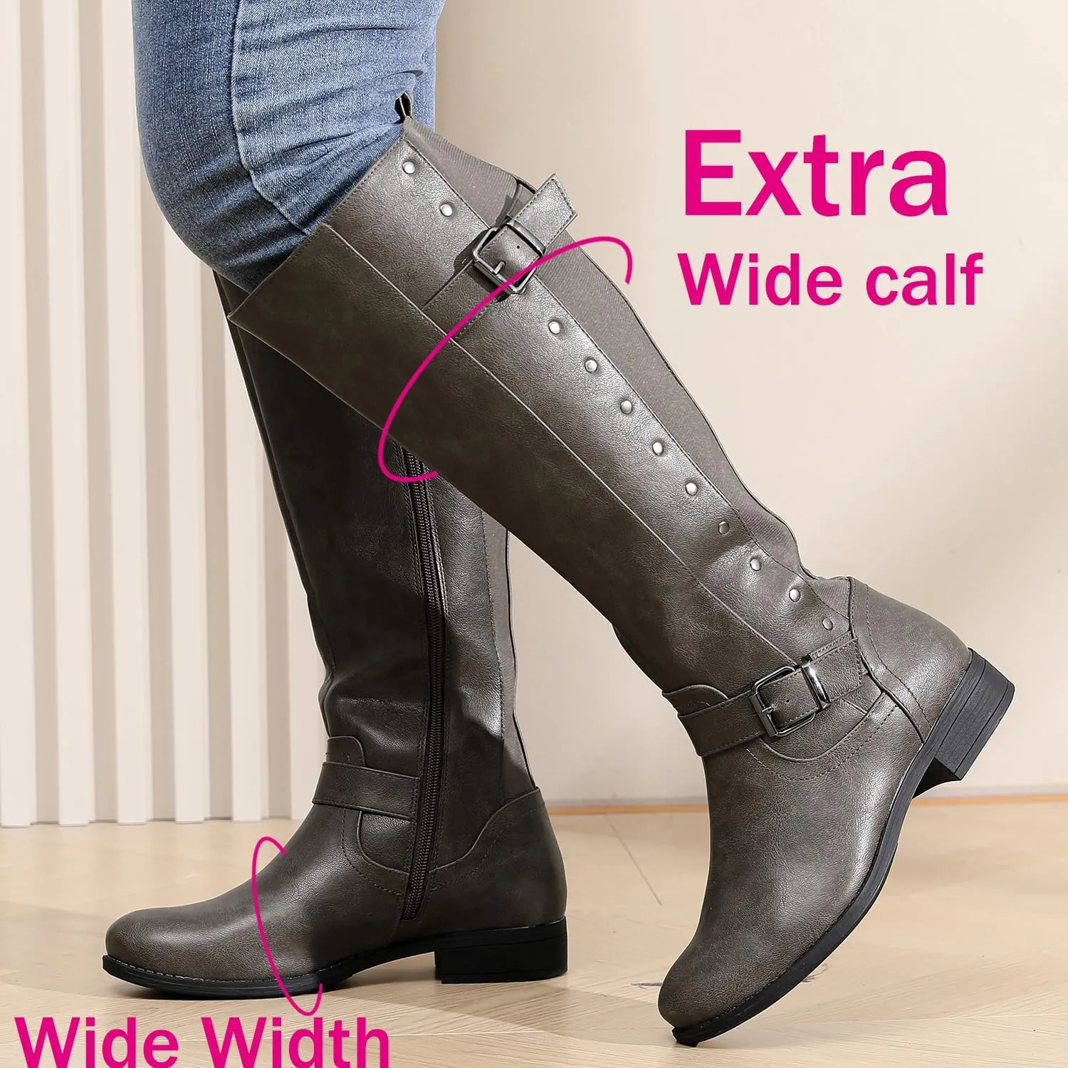 Luoika Women's Extra Wide Calf Knee High Boots, Wide Width Round-Toe Blocked Heel Winter Tall Boots.