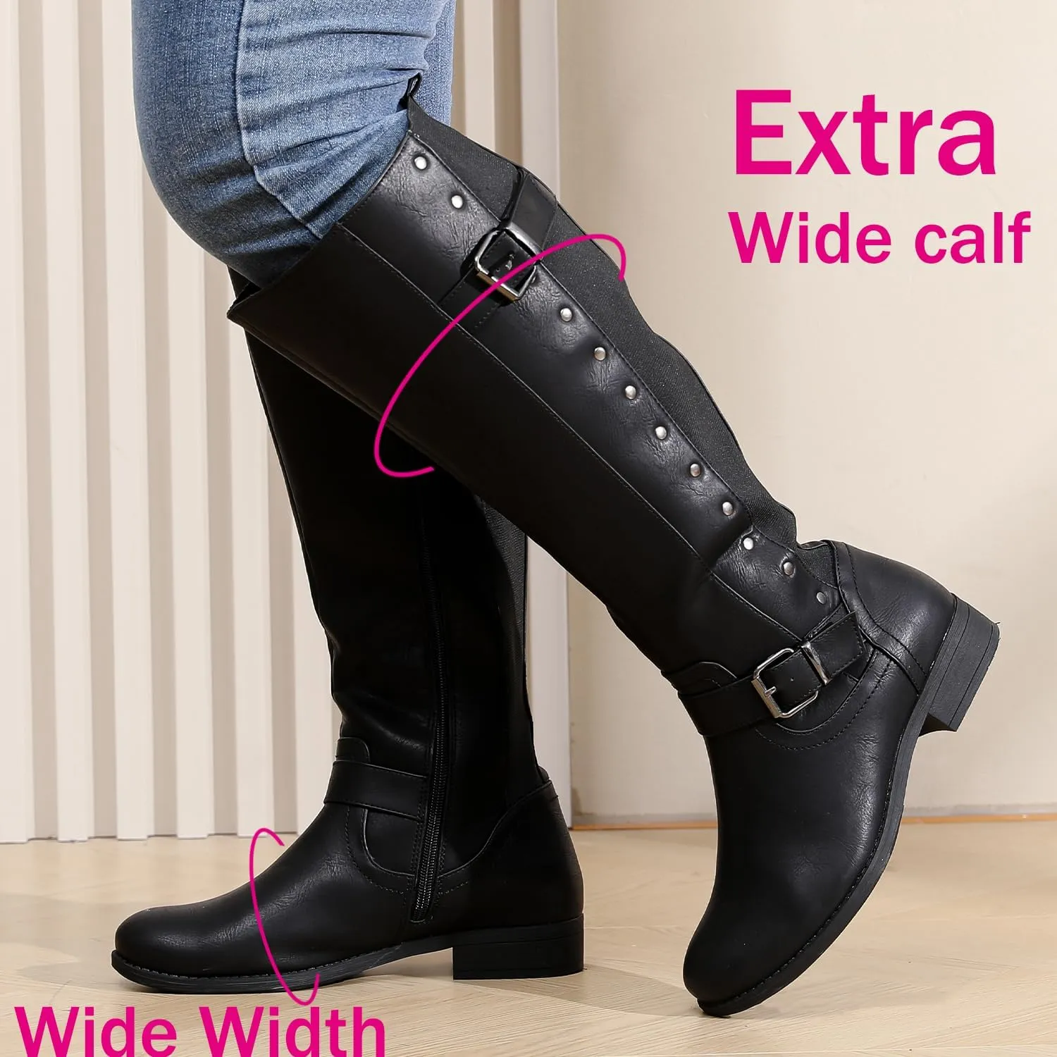 Luoika Women's Extra Wide Calf Knee High Boots, Wide Width Round-Toe Blocked Heel Winter Tall Boots.