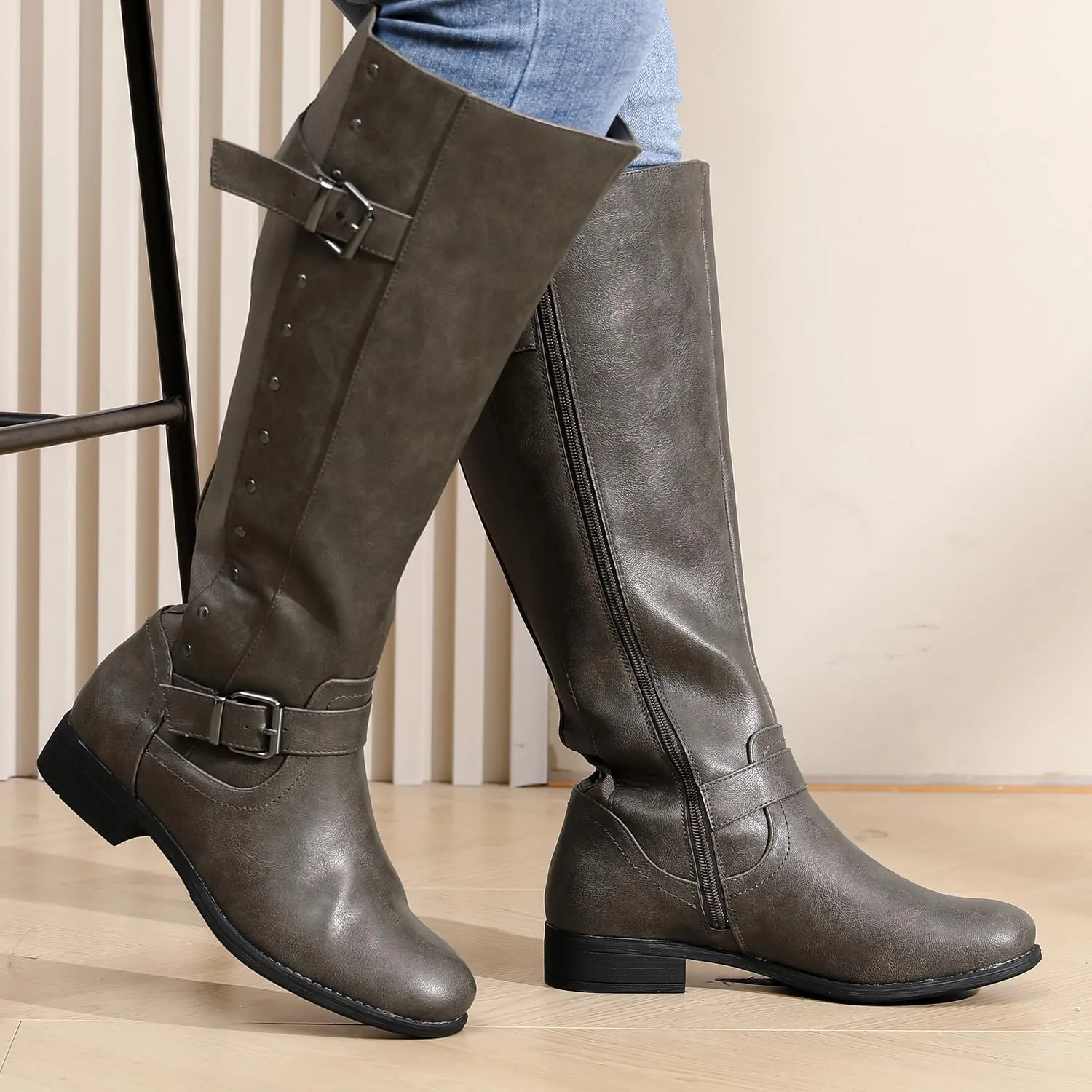 Luoika Women's Extra Wide Calf Knee High Boots, Wide Width Round-Toe Blocked Heel Winter Tall Boots.