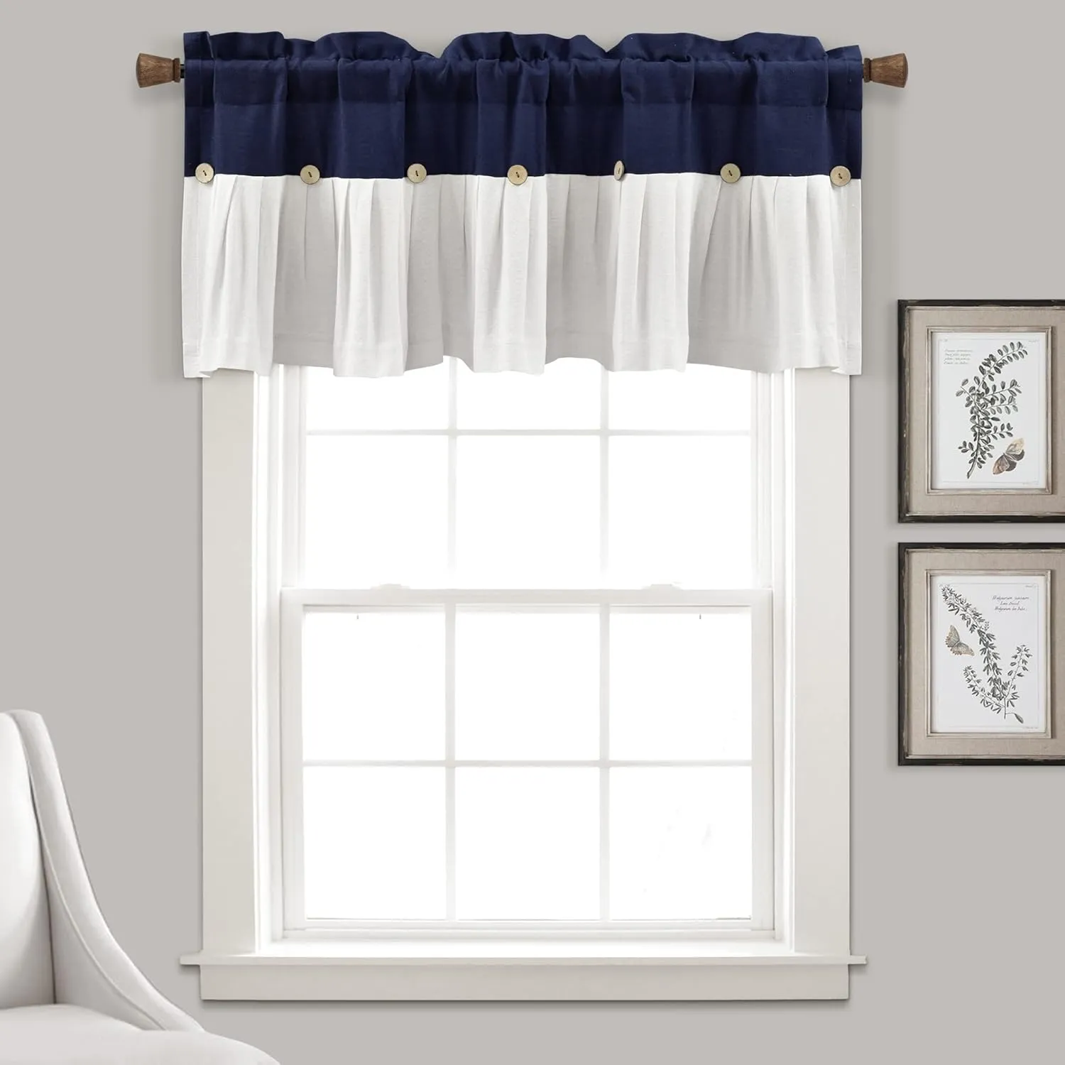 Lush Decor Linen Button Farmhouse Valance, 52" W x 18" L, Linen - Rustic Kitchen Valance With Coconut Husk Button Detail