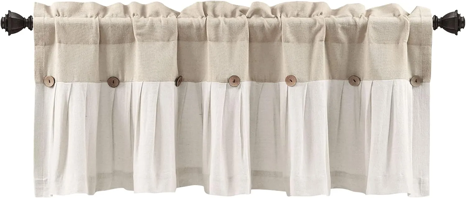 Lush Decor Linen Button Farmhouse Valance, 52" W x 18" L, Linen - Rustic Kitchen Valance With Coconut Husk Button Detail