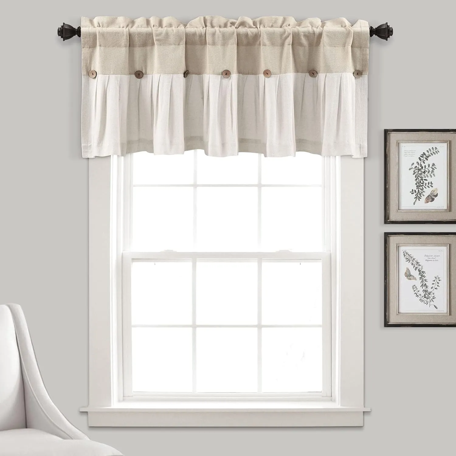 Lush Decor Linen Button Farmhouse Valance, 52" W x 18" L, Linen - Rustic Kitchen Valance With Coconut Husk Button Detail