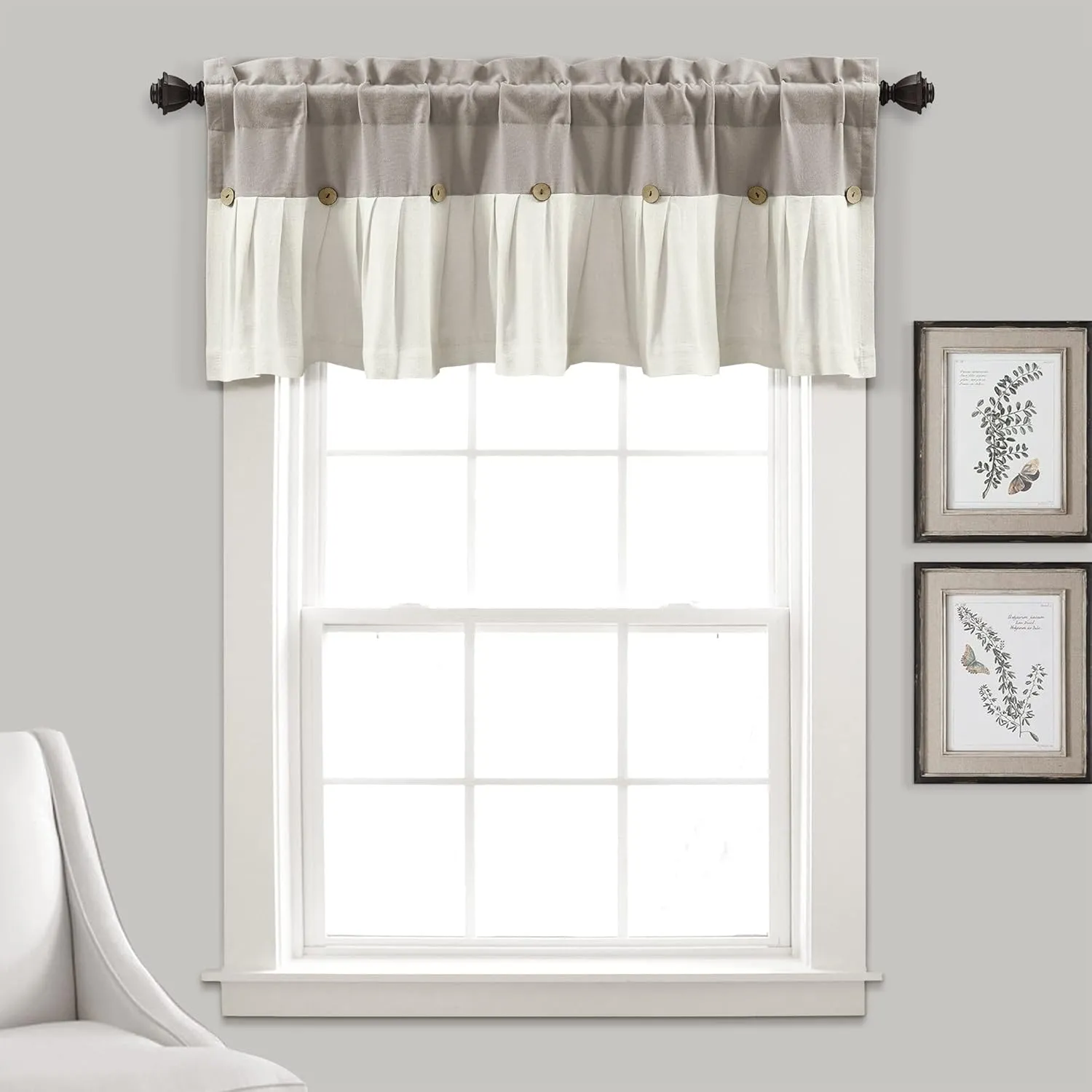 Lush Decor Linen Button Farmhouse Valance, 52" W x 18" L, Linen - Rustic Kitchen Valance With Coconut Husk Button Detail