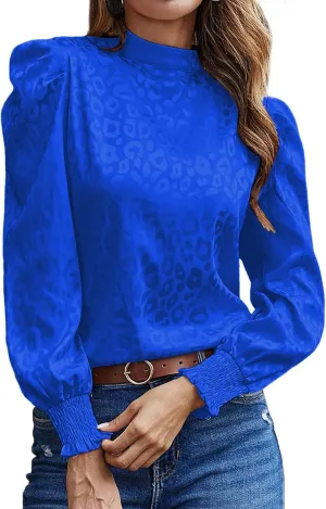 LYANER Women's Satin Mock Neck Puff Long Sleeve Keyhole Work Blouse Top