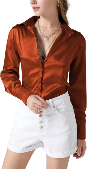 LYANER Women's Satin Silky Collar Buttons Down Long Sleeve Work Blouse Shirt Tops
