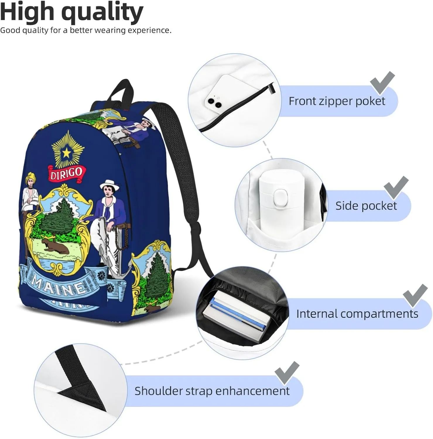 Maine State Flag Print Laptop Backpack For Women Travel Canvas Bookbag For Men Outdoor Fashion Casual Daypack