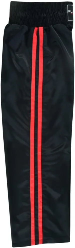 Martial Arts Full Contact Kickboxing Trouser Training Pants Satin - Black with 2 Red Stripes