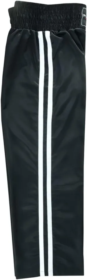 Martial Arts Full Contact Kickboxing Trouser Training Pants Satin - Black with 2 White Stripes