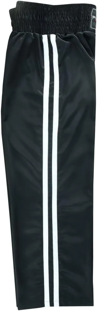 Martial Arts Full Contact Kickboxing Trouser Training Pants Satin - Black with 2 White Stripes