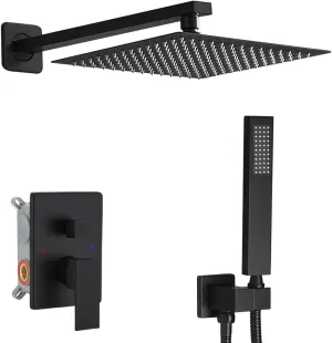 Matte Black Shower System 12 Inches Bathroom Luxury Rain Shower Head with Handheld Combo Set Wall Mounted High Pressure Rainfall Shower Head System Shower Faucet Set with Valve and Trim
