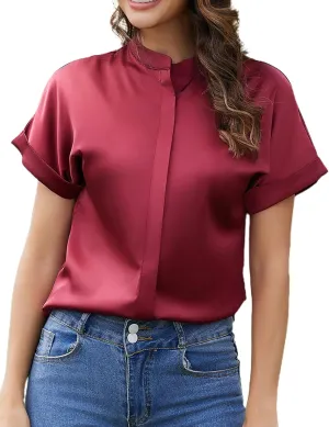 Maysoar Satin Blouses for Women Button Down Silk Shirts Batwing Sleeve Top Elegant Summer Office Work Shirt