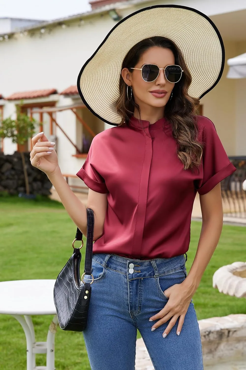 Maysoar Satin Blouses for Women Button Down Silk Shirts Batwing Sleeve Top Elegant Summer Office Work Shirt