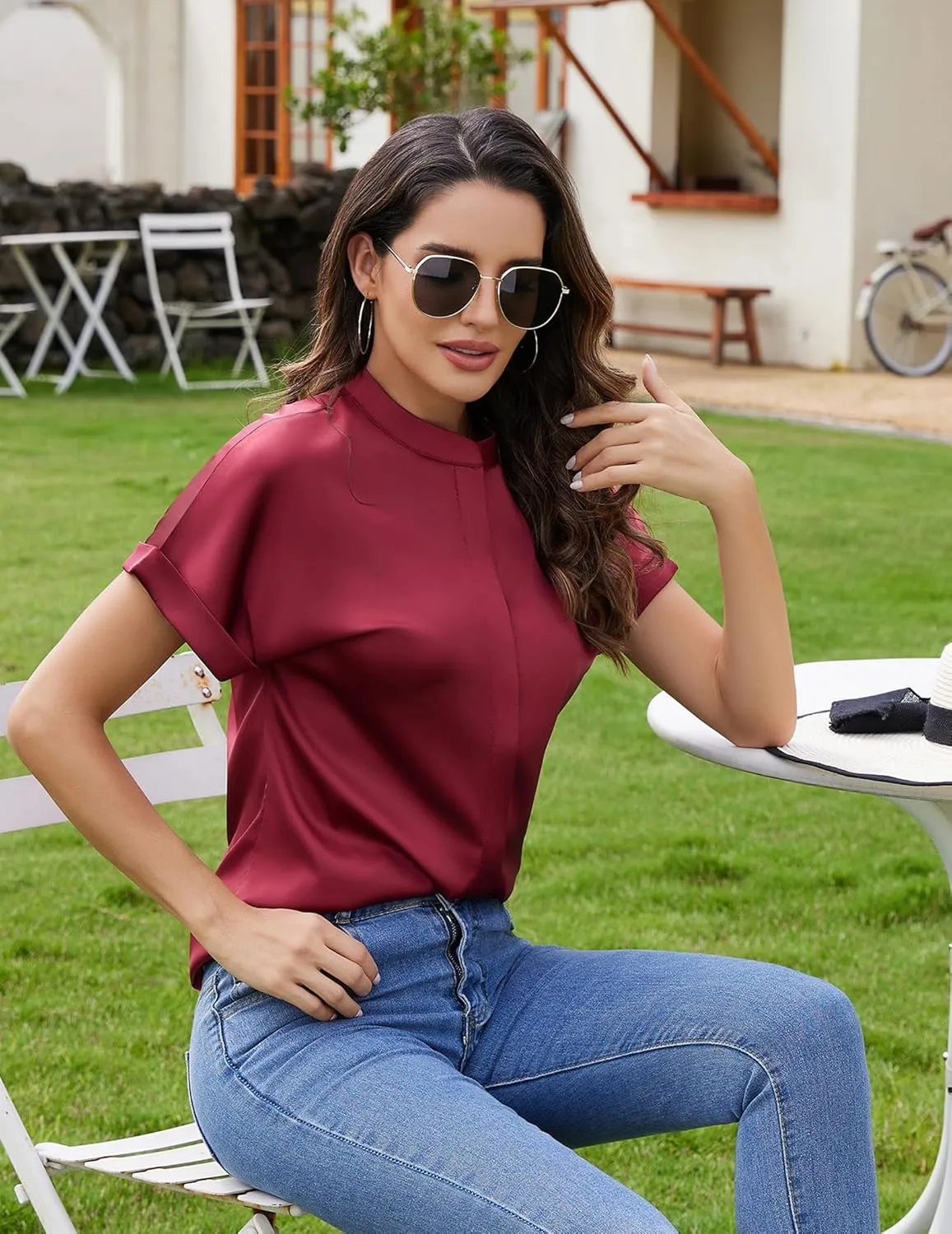 Maysoar Satin Blouses for Women Button Down Silk Shirts Batwing Sleeve Top Elegant Summer Office Work Shirt