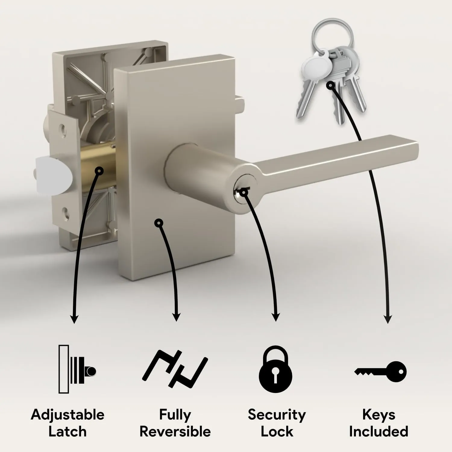 Mega Handles Glamor Entry Lever & Lock Door Handle Set for Hallway, Closet and Bathroom, Heavy Duty Door Levers, Fits All Standard Door Sizes, Screws Included - Satin Nickel (1 Pack)