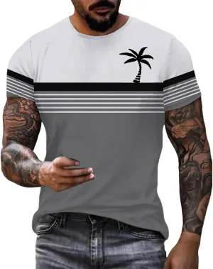 Men Coconut Tree Striped Print Workout Shirt Hawaiian Crewneck Shirts Short Sleeve Button Down Summer Tropical Outfits