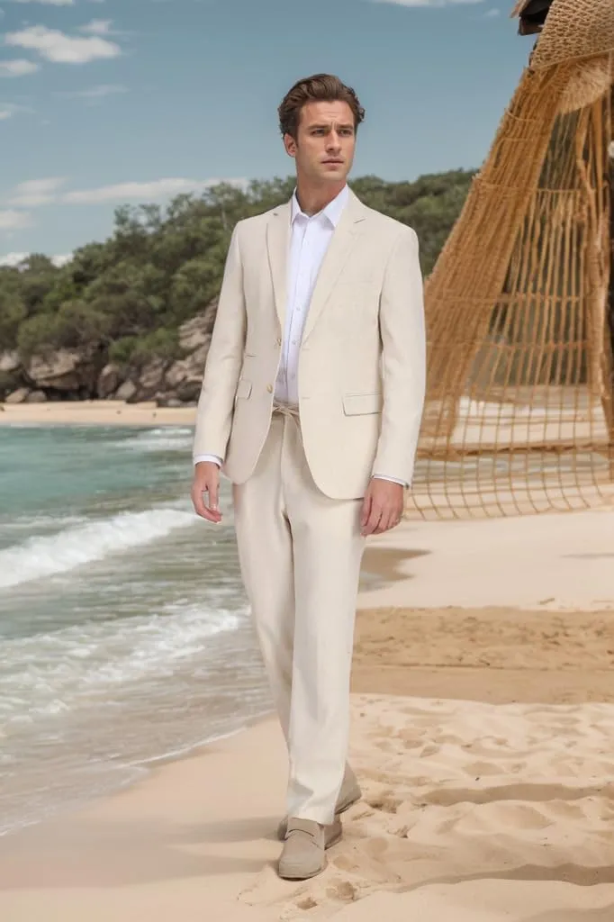 Men Linen Suits 2 Piece Summer Beach Suit Casual Holiday Outfits Lightweight Groomsmen Blazer Pants Set Wedding Prom Tuxedos