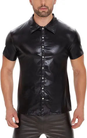 Men Shiny Patent Leather Shirt, Short Sleeve, Plus Size, Sexy Soft Coat for Male, Black
