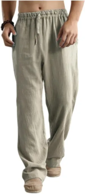 Men's Casual Linen Pants Elastic Waist Drawstring Beach Summer Pants Lightweight Straight-Legs Loose Trousers