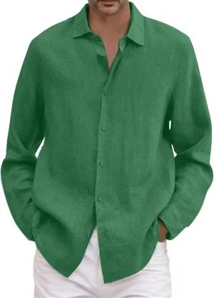 Mens Cotton Linen Shirts Long Sleeve Casual Shirt Summer Buttons Down Solid Plain Roll Up Sleeve Summer Beach
