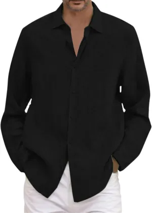 Mens Cotton Linen Shirts Long Sleeve Casual Shirt Summer Buttons Down Solid Plain Roll Up Sleeve Summer Beach