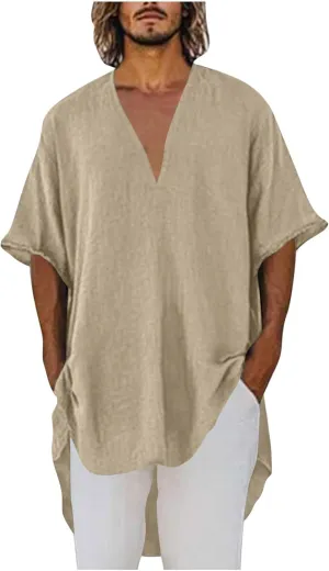 Men's Cotton Linen T-Shirts Summer Solid V Neck Short Sleeve Tunic Tops Casual Fashion Loose Fit Beach Long Blouse