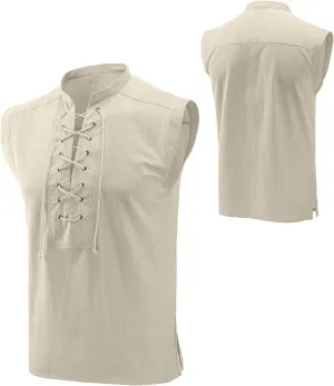 Men's Cotton Linen Tank Top Shirt Pirate Renaissance Costume Sleeveless Lace Up Vest Medieval Gothic Viking Tee Tunic