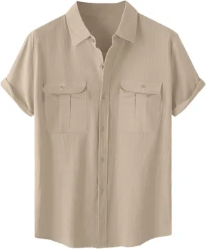 Men's Cotton Linen Tops Summer Solid Short Sleeve Button Down Blouse Casual Fashion Lightweight Shirt with Pockets