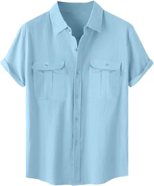 Men's Cotton Linen Tops Summer Solid Short Sleeve Button Down Blouse Casual Fashion Lightweight Shirt with Pockets