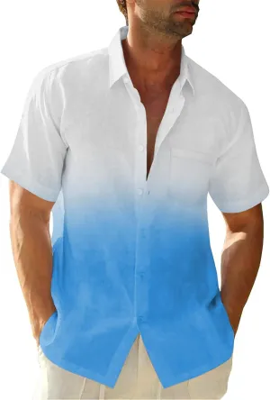 Mens Gradient Linen Shirts Casual Button Down Short Sleeve Beach Summer Shirts