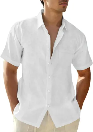 Mens Gradient Linen Shirts Short Sleeve Button Down Shirt Hawaiian Summer Beach Casual T Shirts for Men