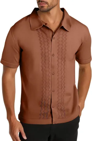 Men's Knitted Cotton Button Down Shirt Summer Fashion Vintage Short Sleeve Blouse Casual Solid Color Vacation Tops