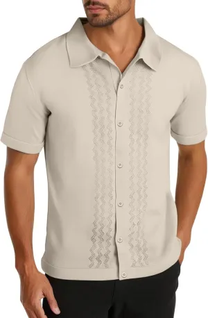 Men's Knitted Cotton Button Down Shirt Summer Fashion Vintage Short Sleeve Blouse Casual Solid Color Vacation Tops