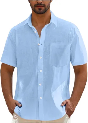 Men's Linen Shirts Summer Solid Color Short Sleeve Tops with Pockets Casual Stylish Lightweight Dress Beach Blouse