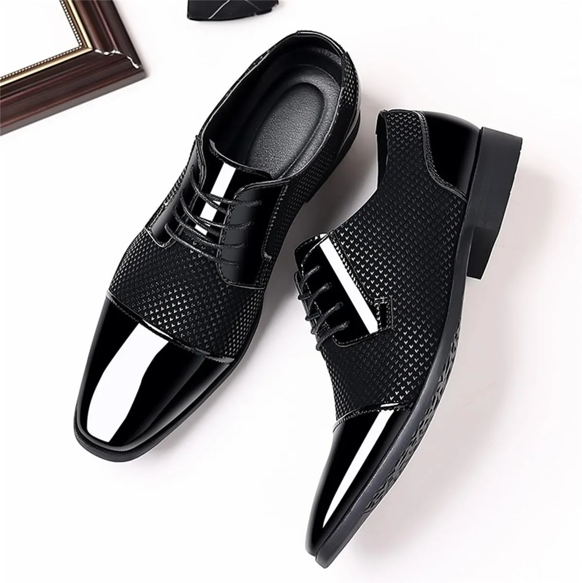 Men's Modern Cap Toe Patent Leather Tuxedo Dress Shoes Formal Business Lace up Oxfords Wedding Prom